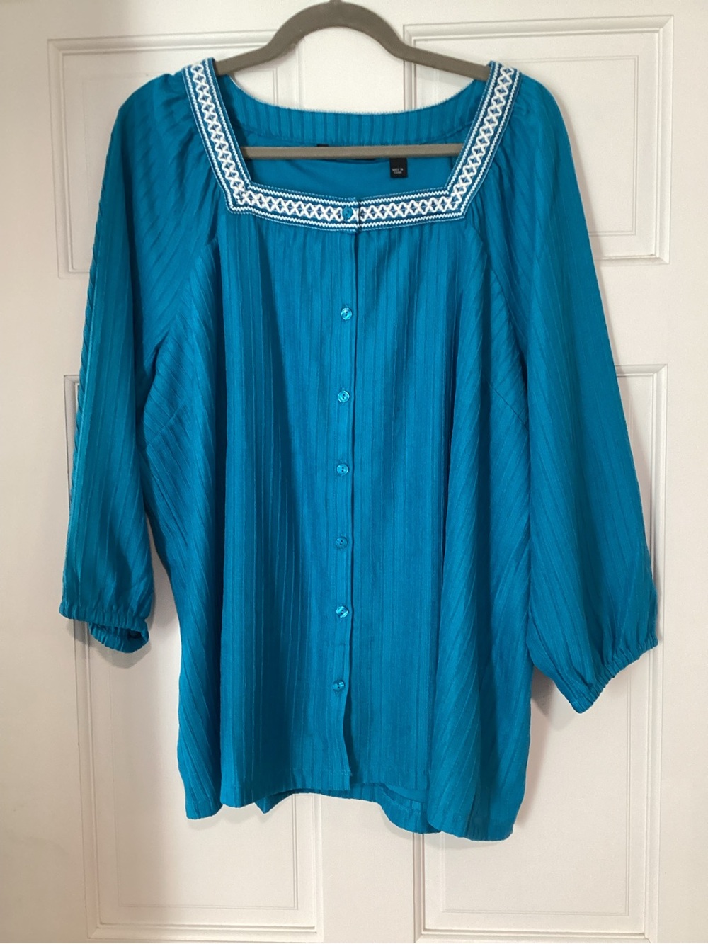 Isaac Mizrahi Teal Button-Front Peasant Blouse with Embroidered Square Neckline